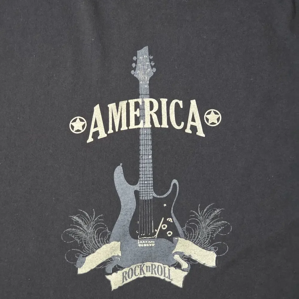 America Rock N' Roll Guitar Graphic T-Shirt Adult XL Black Fade Y2K